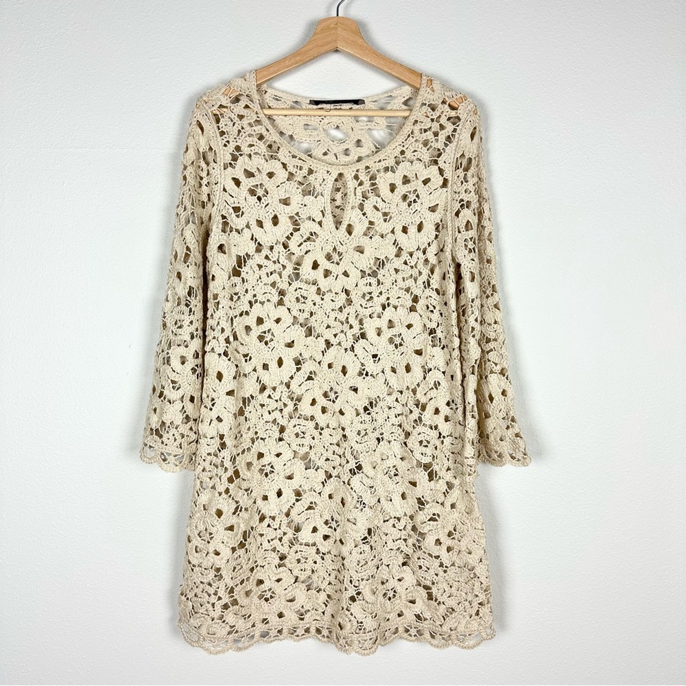 BCBGMAXAZRIA Tan Crochet Bell Sleeve Tunic dress